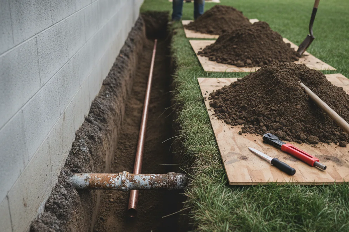 Excavated water line trench during Water Heater Repair in Lyman